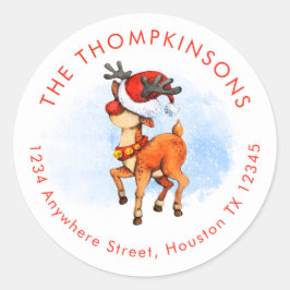 Cute Reindeer i Returadressen Santa Hat Namn Runt Klistermärke