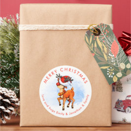 Cute Reindeer i Santa Hat Namn God jul Runt Klistermärke