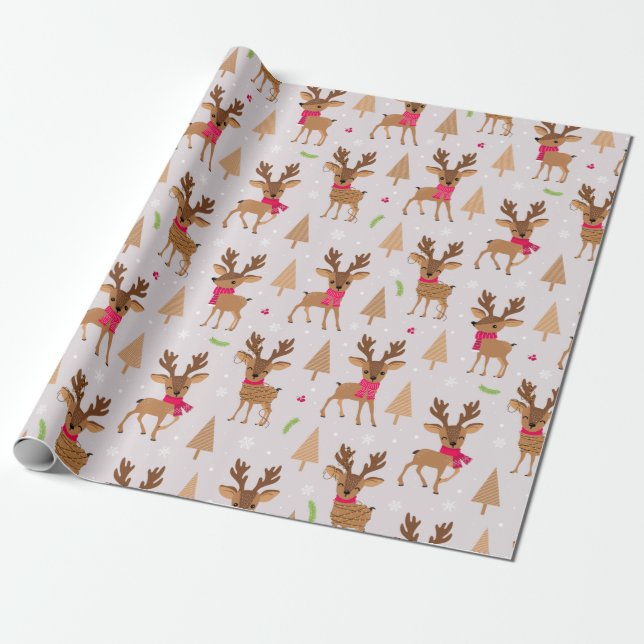 Cute Reindeer i Scarves och Light God Jul Presentpapper (Utrullad)