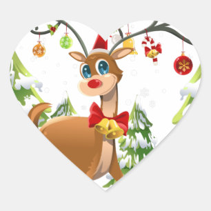 Cute Reindeer i Snö Hjärtformat Klistermärke