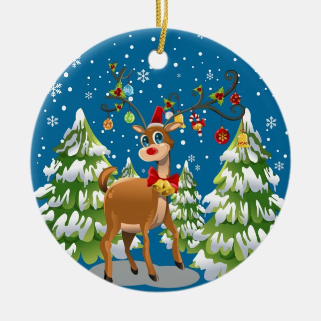 Cute Reindeer i Snö Julgransprydnad Keramik (Framsidan)