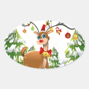 Cute Reindeer i Snö Ovalt Klistermärke