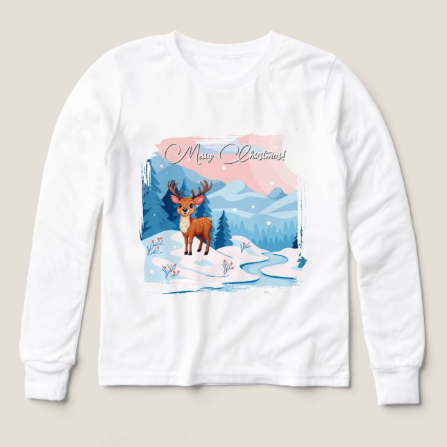 Cute reindeer in a snowy landscape  t shirt (Design framsida)