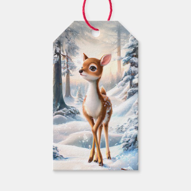 Cute Reindeer in The Winter Forest Christmas Presentetikett (Framsidan)