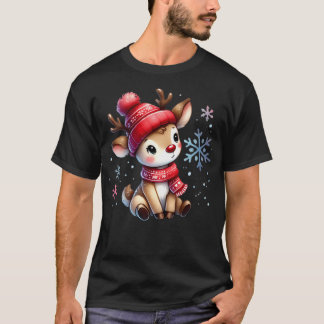 Cute Reindeer in Winter Hat Illustration T Shirt