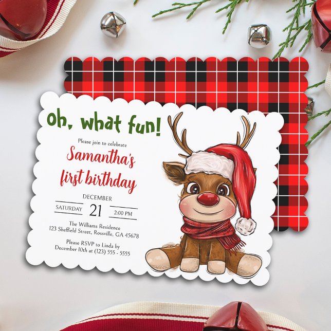 Cute Reindeer jul Första Födelsedagsfesten Inbjudningar (Elevate your baby's celebration with our charming invitation. Create unforgettable memories.)