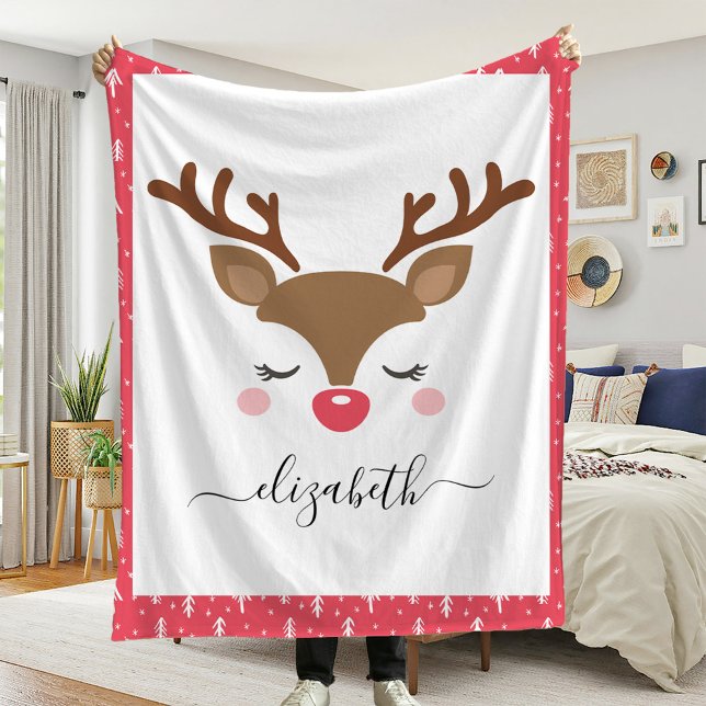 Cute Reindeer jul Personlig Namn Fleecefilt (Skapare uppladdad)
