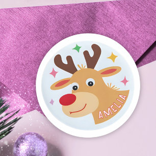 Cute Reindeer Kid's Namn julgåva Runt Klistermärke