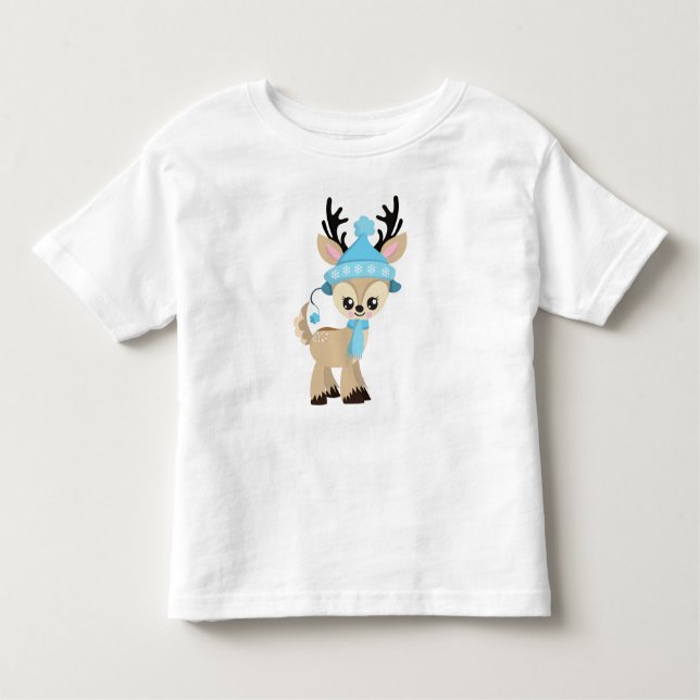 Cute Reindeer, Little Reindeer, Blue Hat, Scarf T Shirt (Framsida)