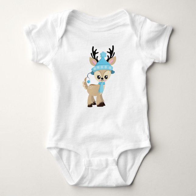 Cute Reindeer, Little Reindeer, Blue Hat, Scarf T Shirt (Framsida)