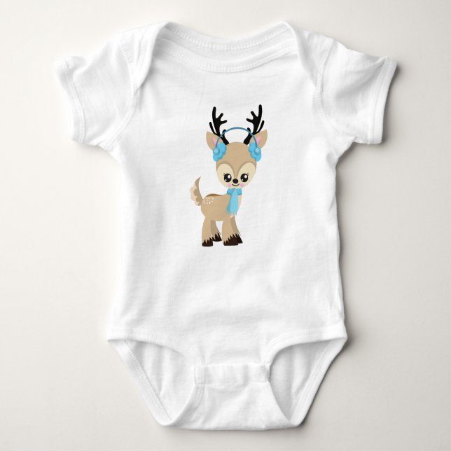 Cute Reindeer, Little Reindeer, Blue Scarf T Shirt (Framsida)