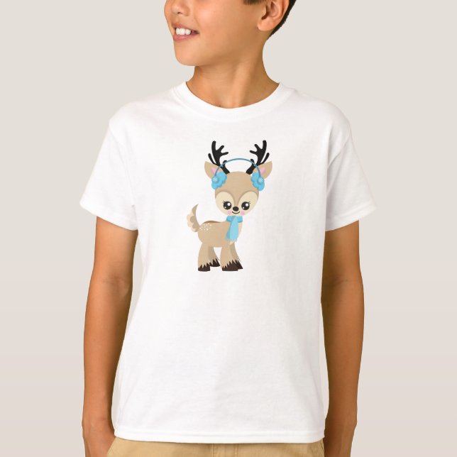 Cute Reindeer, Little Reindeer, Blue Scarf T Shirt (Framsida)