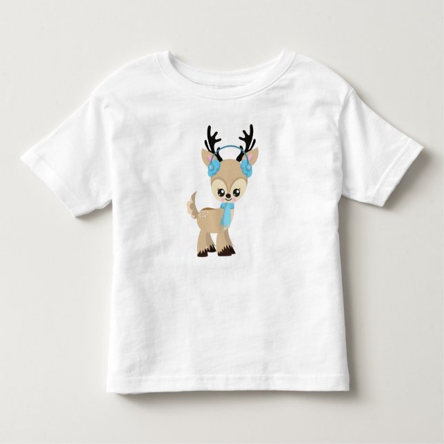 Cute Reindeer, Little Reindeer, Blue Scarf T Shirt (Framsida)