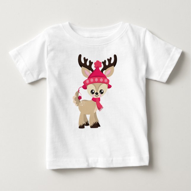 Cute Reindeer, Little Reindeer, Red Hat, Scarf T Shirt (Framsida)