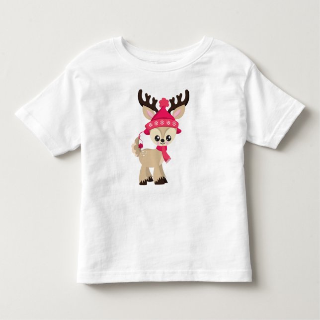 Cute Reindeer, Little Reindeer, Red Hat, Scarf T Shirt (Framsida)