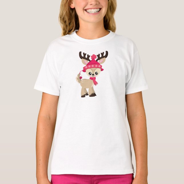 Cute Reindeer, Little Reindeer, Red Hat, Scarf T Shirt (Framsida)