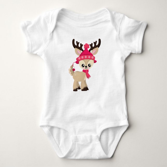 Cute Reindeer, Little Reindeer, Red Hat, Scarf T Shirt (Framsida)
