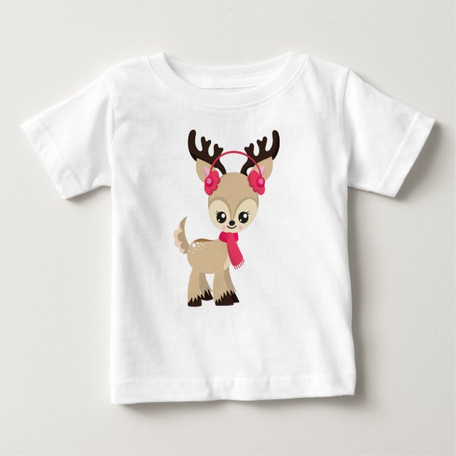 Cute Reindeer, Little Reindeer, Red Scarf T Shirt (Framsida)