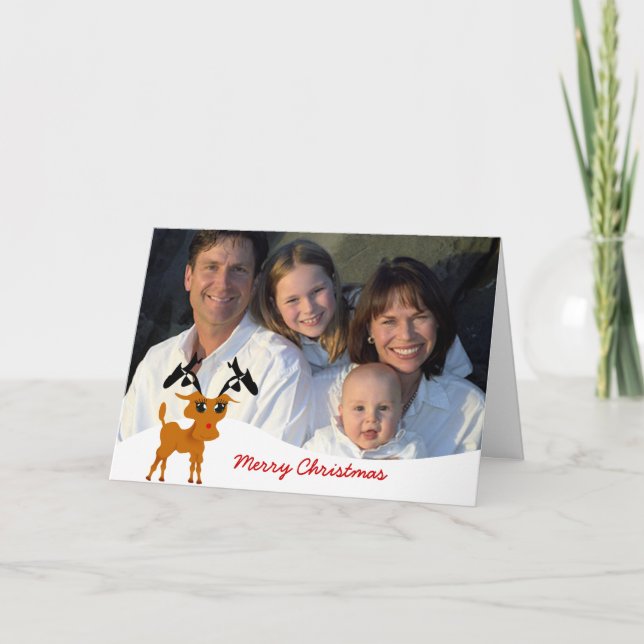 Cute Reindeer med Family Photo eller Par Photo Helgkort (Framsida)