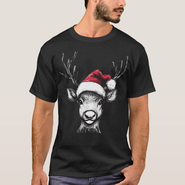 Cute Reindeer med tomten Hat T Shirt (Framsida)