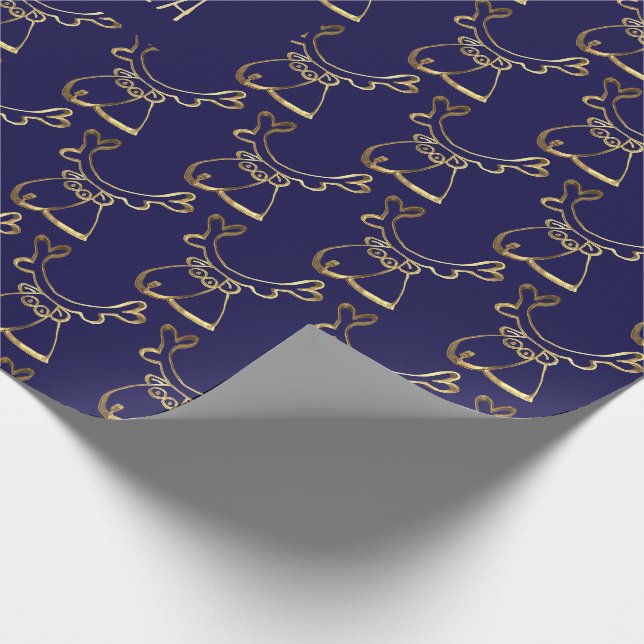 Cute Reindeer Mönster Faux Guld Blå jul Presentpapper (Hörn)