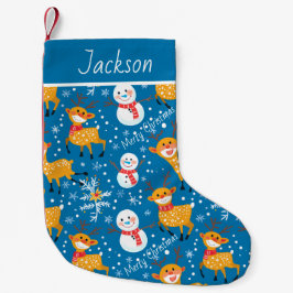 Cute Reindeer och Snögubbe Blue Liten Julstrumpa