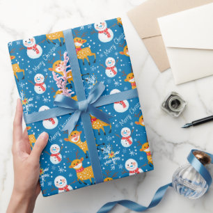 Cute Reindeer och Snögubbe Blue Presentpapper