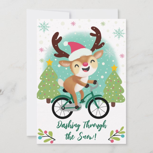 Cute Reindeer på en Grönt Bicycle-julkort Julkort (Framsida)