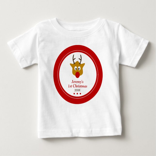 Cute Reindeer Red Babys första jul T Shirt (Framsida)