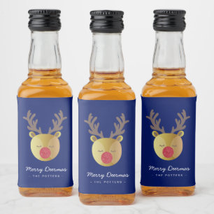 Cute Reindeer Roligt Julblått och Guld Spritflaskor Etikett