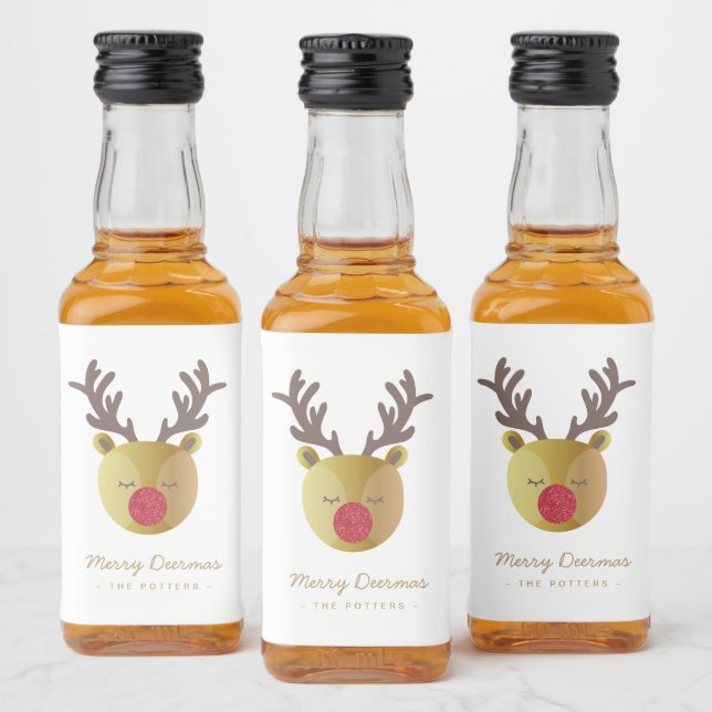 Cute Reindeer | Roligt Julvit och Guld Spritflaskor Etikett (Flaskor)