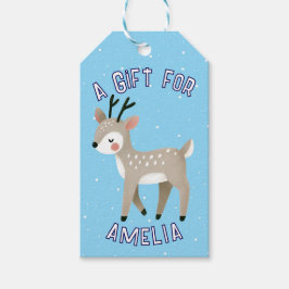 Cute Reindeer Snowflakes Kid`s Name Christmas  Presentetikett