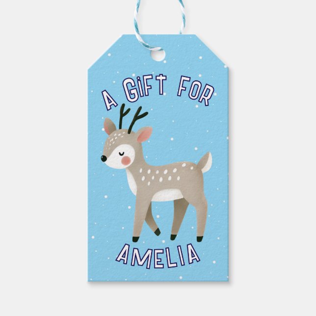 Cute Reindeer Snowflakes Kid`s Name Christmas  Presentetikett (Framsidan)
