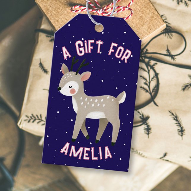 Cute Reindeer Snowflakes Kid`s Name Christmas  Presentetikett (Skapare uppladdad)