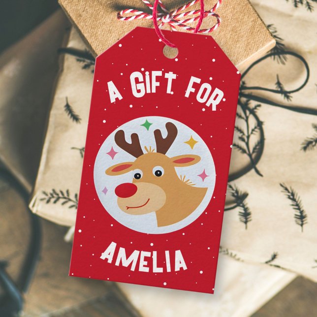 Cute Reindeer Snowflakes Kid`s Name Christmas  Presentetikett (Skapare uppladdad)