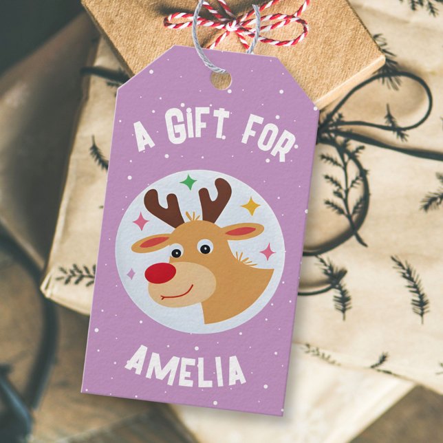Cute Reindeer Snowflakes Kid`s Name Christmas  Presentetikett (Skapare uppladdad)
