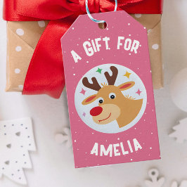 Cute Reindeer Snowflakes Kid`s Name Christmas  Presentetikett