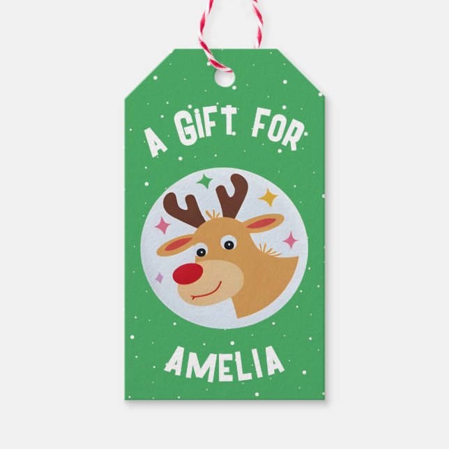 Cute Reindeer Snowflakes Kid`s Name Christmas  Presentetikett (Framsidan)