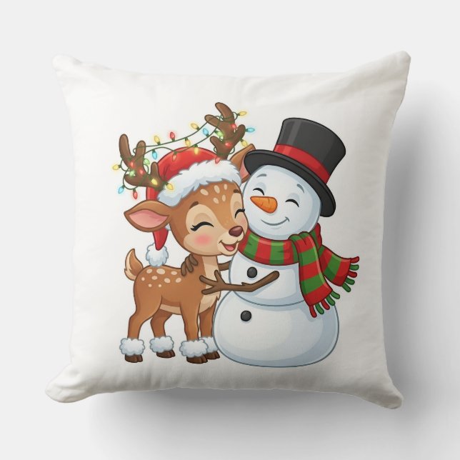 Cute Reindeer & Snowman Christmas Pillow Kudde (Framsida)