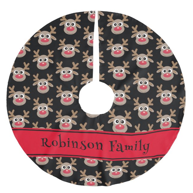 Cute Reindeer Tecknad Mönster Red Black Julgransmatta Borstad Polyester (Framsidan)