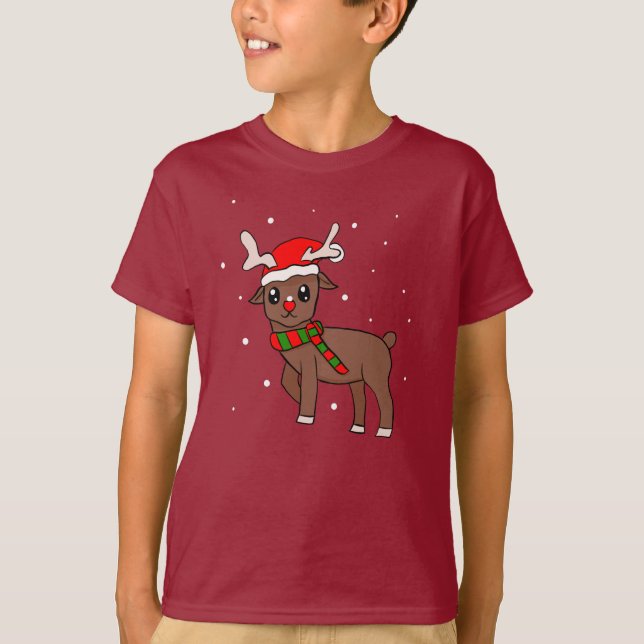 Cute Reindeer Teckning med Snöflingor jul T Shirt (Framsida)