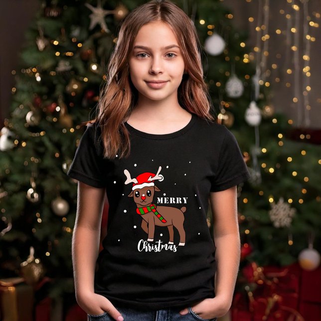 Cute Reindeer Teckning Snöflingor God jul T Shirt (Skapare uppladdad)