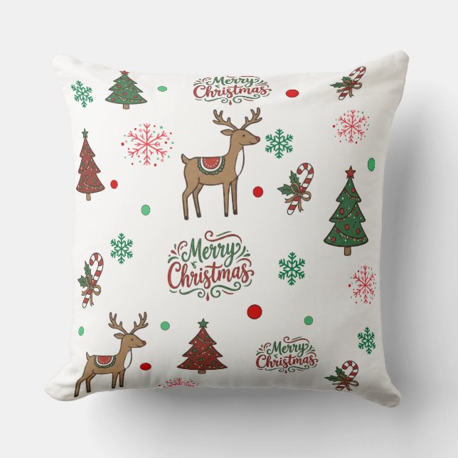 Cute Reindeer & Tree Merry Christmas Pattern Throw Kudde (Framsida)