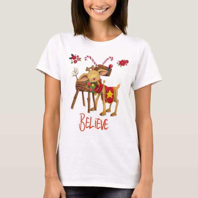 Cute Reindeer tror på julen Helgdag T Shirt (Framsida)