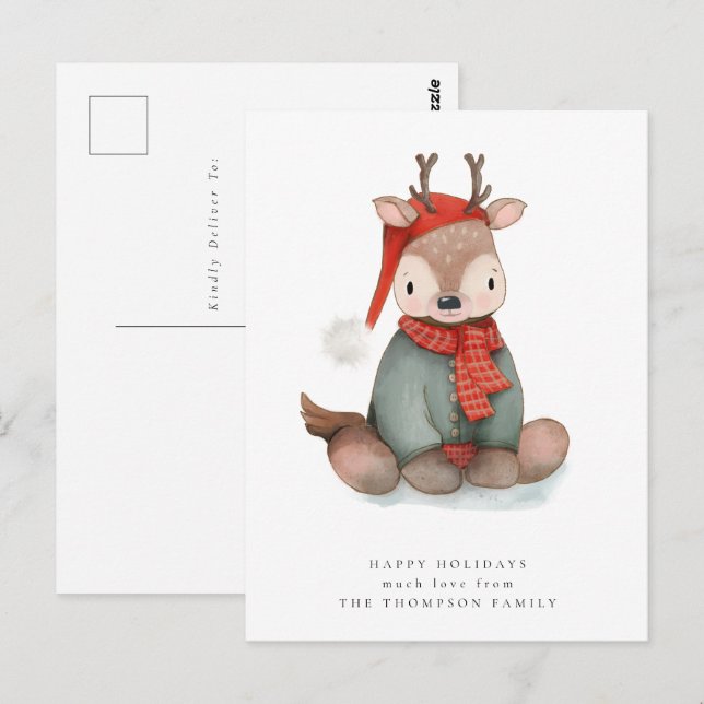 Cute Reindeer Watercolor Helgdag Postcard Vykort (Fram/baksida)