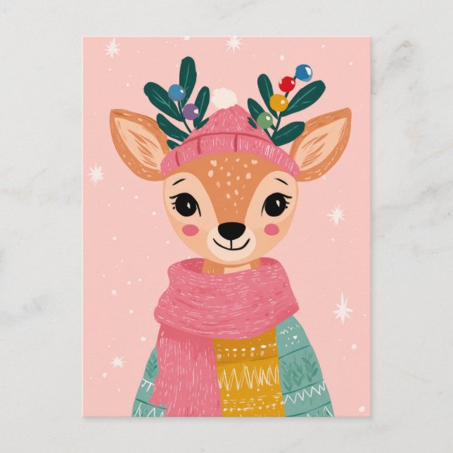 Cute Reindeer Watercolor Whimsical jul Vykort (Framsida)
