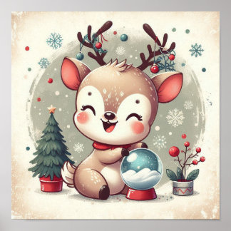 Cute Reindees med snöglobe Kids Room Wall Art Poster