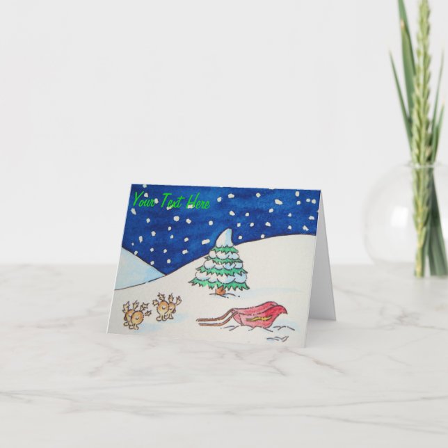 Cute renar i snö med sleigh och träd helgkort (Framsida)
