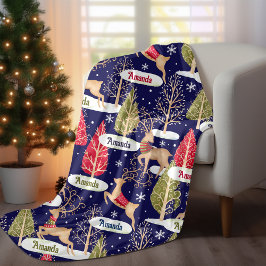 Cute renar Julgranar monogram blue Fleecefilt