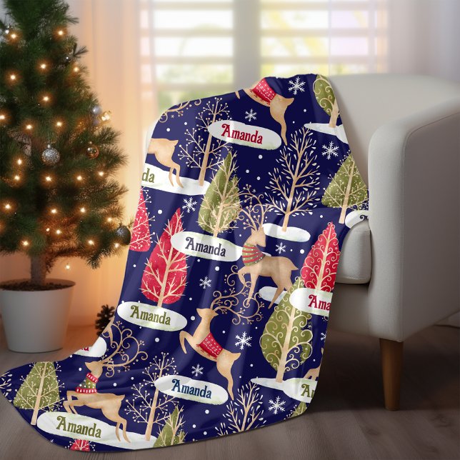 Cute renar Julgranar monogram blue Fleecefilt (Skapare uppladdad)